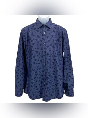 Hugo Boss Men’s 17 43‎ Slim Fit Dress Shirt Blue Patterned Italian Fabric